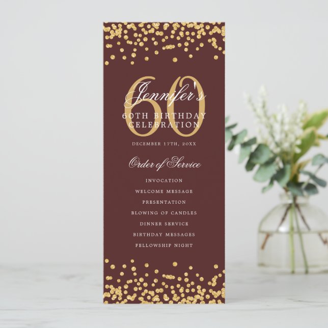 60th Birthday Program Gold Confetti Menu Burgundy  (Standing Front)