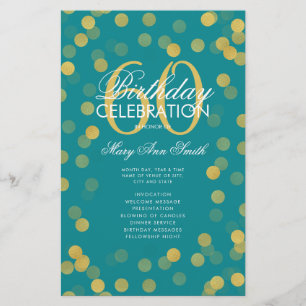 60th Birthday Program Gold Confetti Menu Teal Flyer