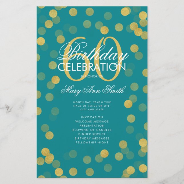 60th Birthday Program Gold Confetti Menu Teal  Flyer (Front)