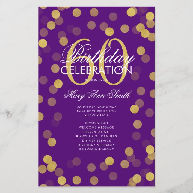 60th Birthday Program Gold Confetti w/ Menu Purple Flyer (Front)