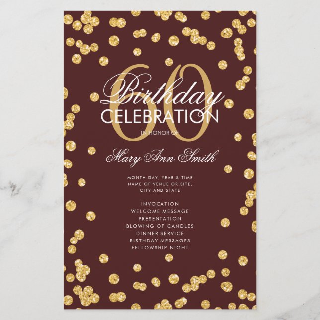 60th Birthday Program Gold Glitter Burgundy  Menu Flyer (Front)