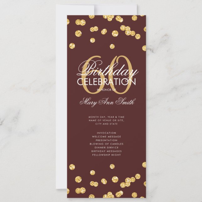 60th Birthday Program Gold Glitter Menu Burgundy (Front)