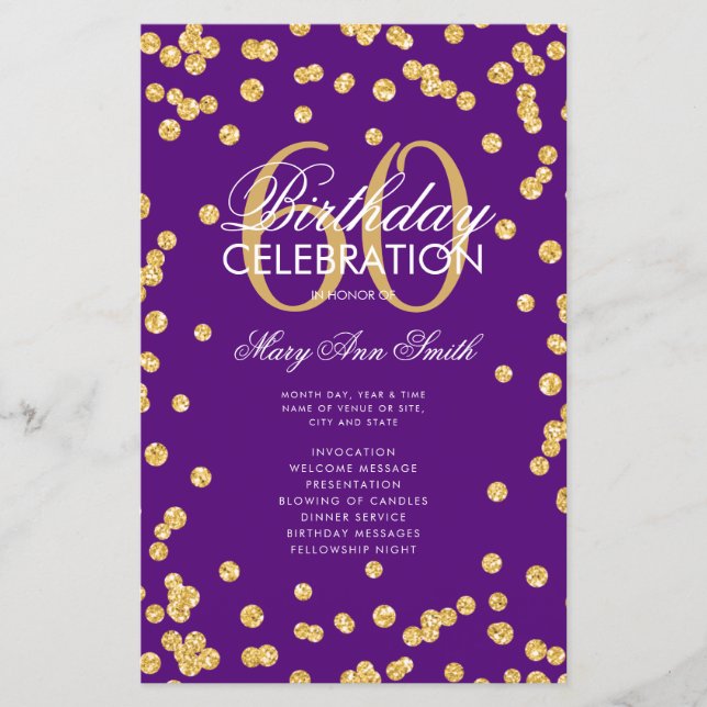 60th Birthday Program Gold Glitter w/ Menu Purple (Front)