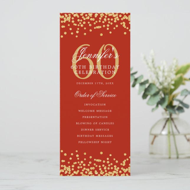 60th Birthday Program Gold Red Confetti (Standing Front)
