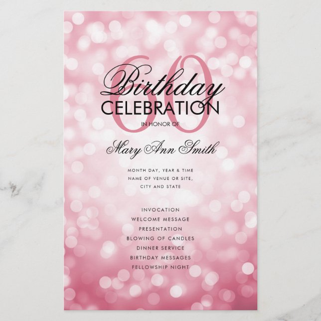 60th Birthday Program Lights Rose Gold w/ Menu  Flyer (Front)