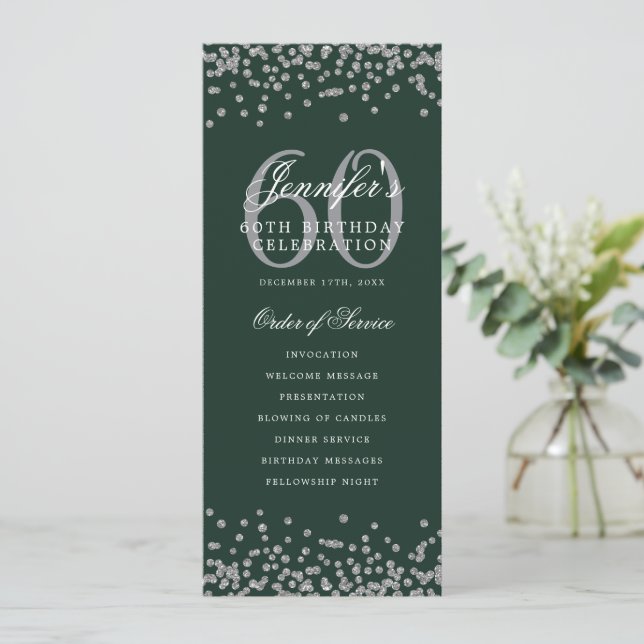 60th Birthday Program Menu Thank U Silver Green  (Standing Front)