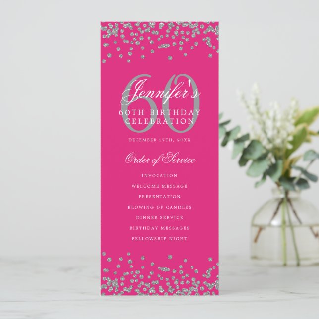 60th Birthday Program Menu Thank U Silver Hot Pink (Standing Front)