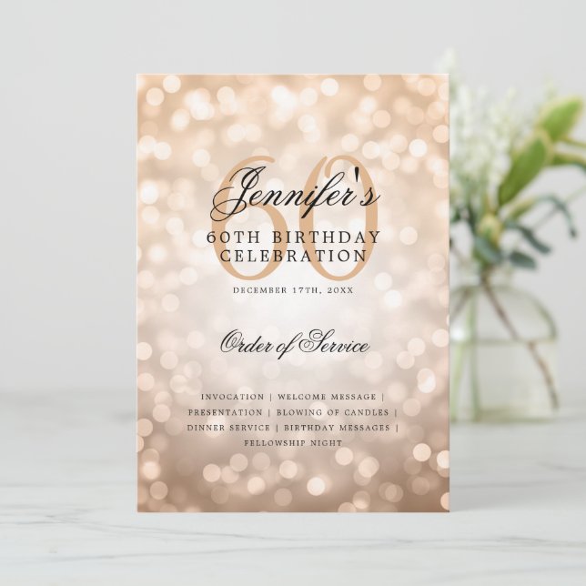 60th Birthday Program Rose Gold Bokeh w/ Menu (Standing Front)