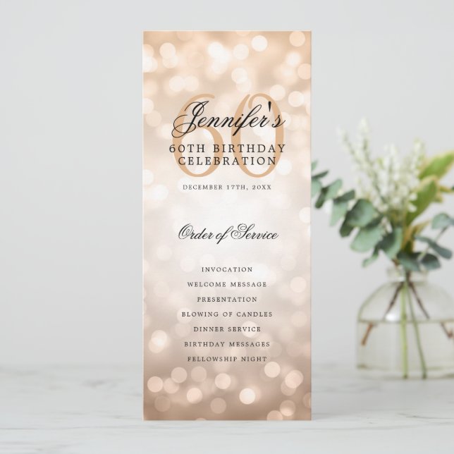 60th Birthday Program Rose Gold Bokeh w/ Thank You (Standing Front)