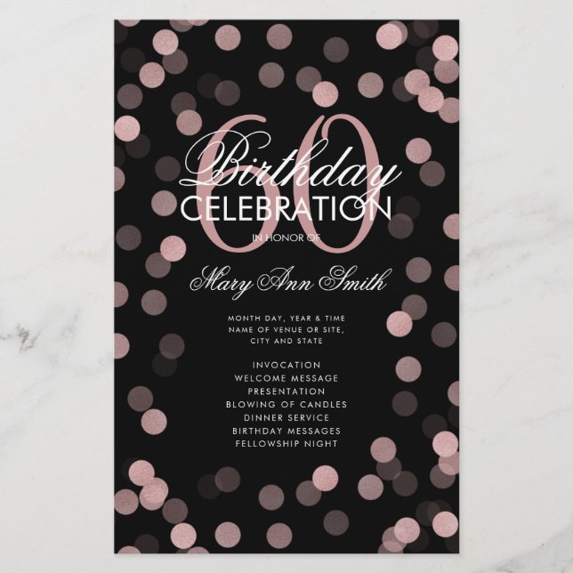 60th Birthday Program Rose Gold Confetti w/ Menu Flyer (Front)