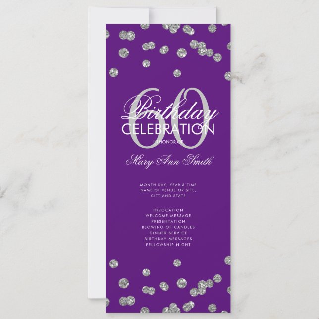 60th Birthday Program Silver Glitter Menu Purple  (Front)