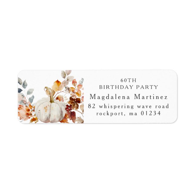 60th Birthday Pumpkin Fall Flower Return Address Label (Front)