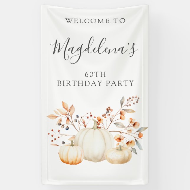 60th Birthday Pumpkin Fall Leaves Vertical Outdoor Banner (Vertical)