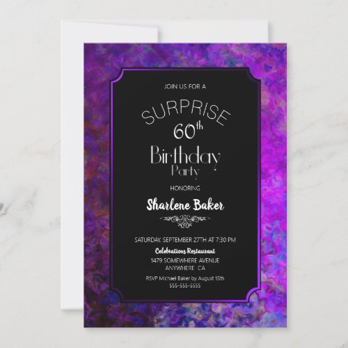 60th Birthday Purple and Black Surprise Party Invitation