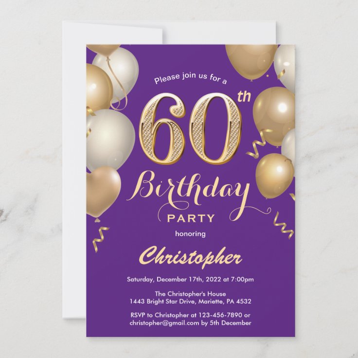 60th Birthday Purple and Gold Balloons Confetti Invitation | Zazzle