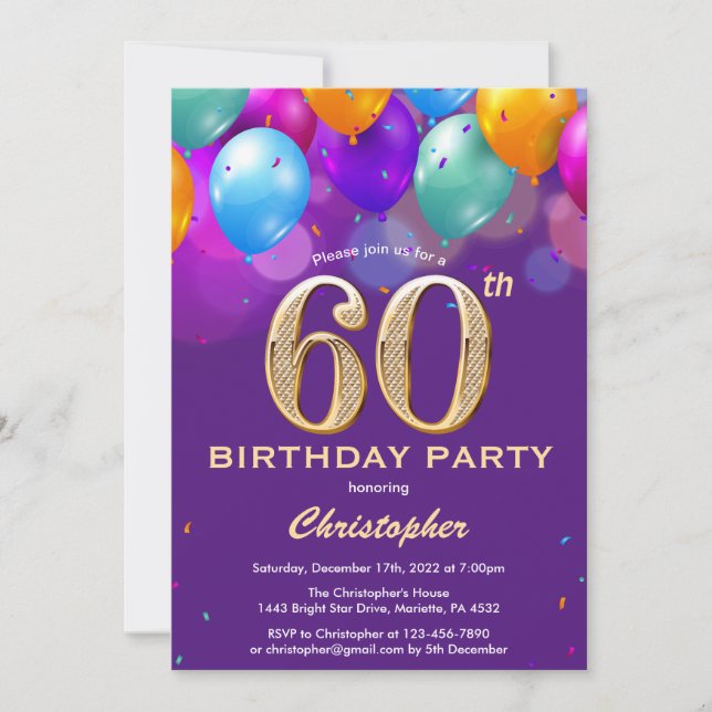 60th Birthday Purple and Gold Colorful Balloons Invitation (Front)