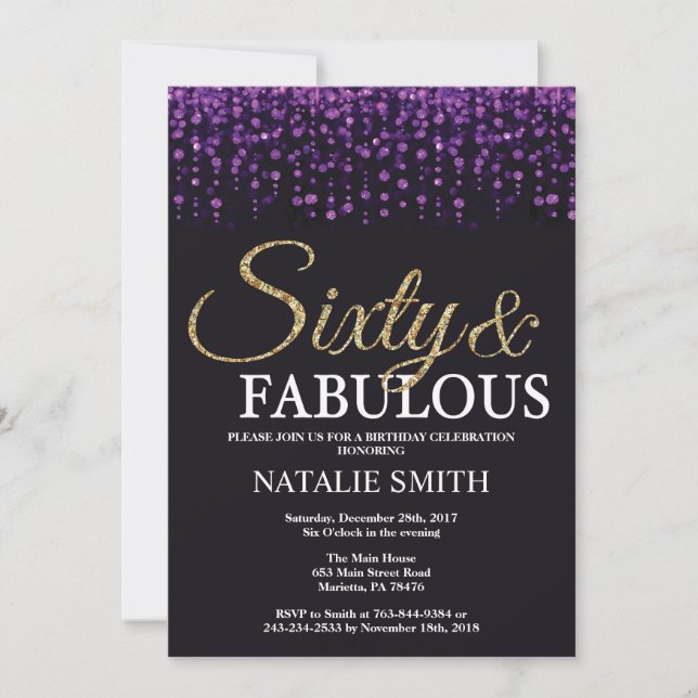 60th Birthday Purple and Gold Glitter Invitation (Front)