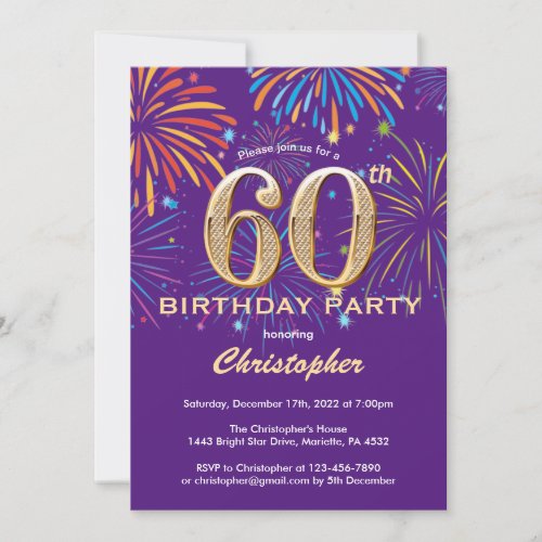 60th Birthday Purple and Gold Rainbow Fireworks Invitation