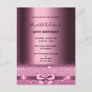 60th birthday purple burgundy glitter invitation postcard
