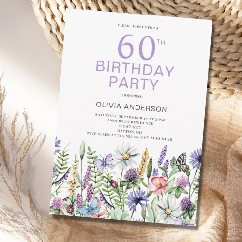 60th Birthday Purple Floral Invitation