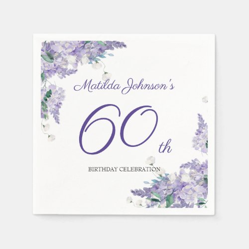 60th Birthday Purple Floral Wisteria Elegant White Napkins