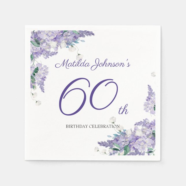 60th Birthday Purple Floral Wisteria Elegant White Napkins (Front)