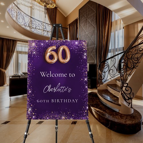 60th birthday purple glitter sparkles welcome foam board