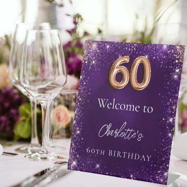 60th birthday purple glitter sparkles welcome pedestal sign (Creator Uploaded)