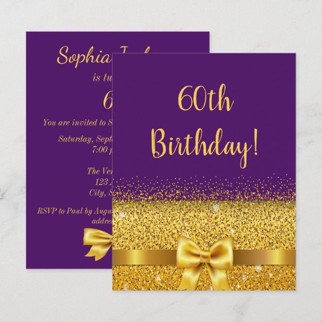 60th birthday purple gold bow elegant invitation (Front/Back)