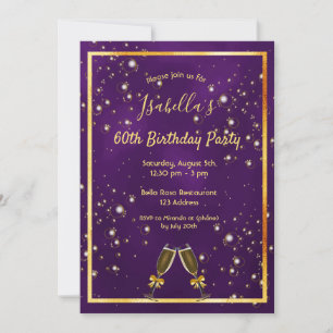 60th birthday purple gold bubbles invitation