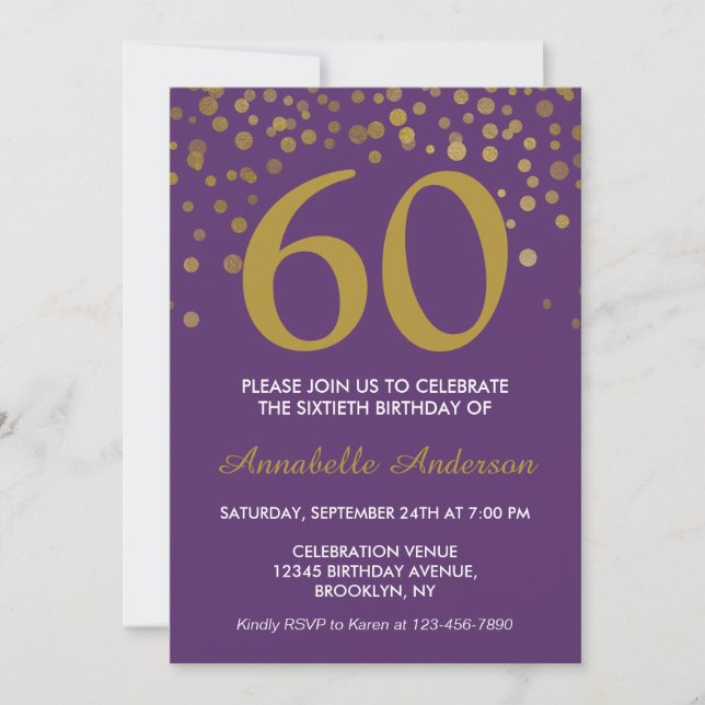 60th Birthday Purple Gold Confetti Modern Elegant Invitation (Front)