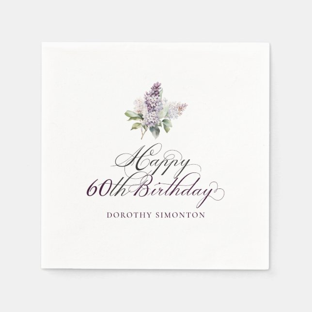 60th Birthday Purple Lilac Spring Flower Cocktail Napkins (Front)