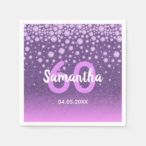 60th birthday purple pink glitter diamonds name napkins