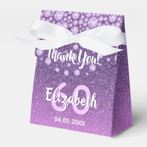 60th birthday purple pink glitter thank you favor boxes