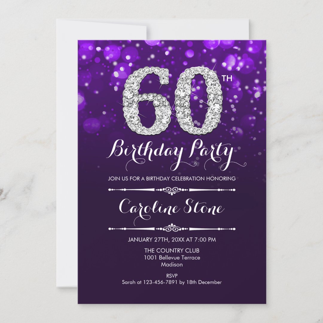 60th Birthday - Purple Silver Invitation | Zazzle