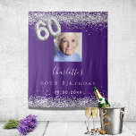 60th birthday purple silver photo glitter welcome tapestry<br><div class="desc">A welcome tapestry for a glamorous 60th birthday party. A purple background decorated with faux silver glitter dust. Personalize and add a high quality photo, name and date. Number 60 is written with a balloon style font. Can also be used as a photo booth backdrop and party wall decor, decoration....</div>