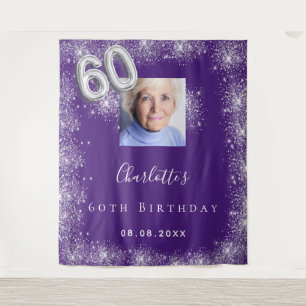 60th birthday purple silver photo glitter welcome tapestry