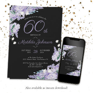 60th Birthday Purple Watercolor Floral Black Chic Invitation