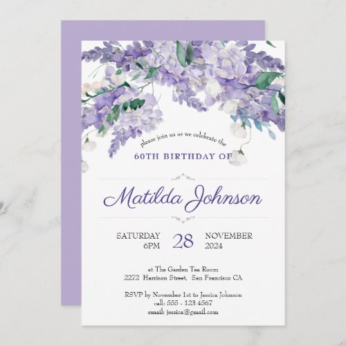 60th Birthday Purple Watercolor Floral Elegant Invitation