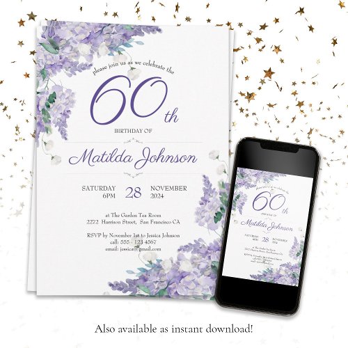60th Birthday Purple Watercolor Floral Wisteria Invitation