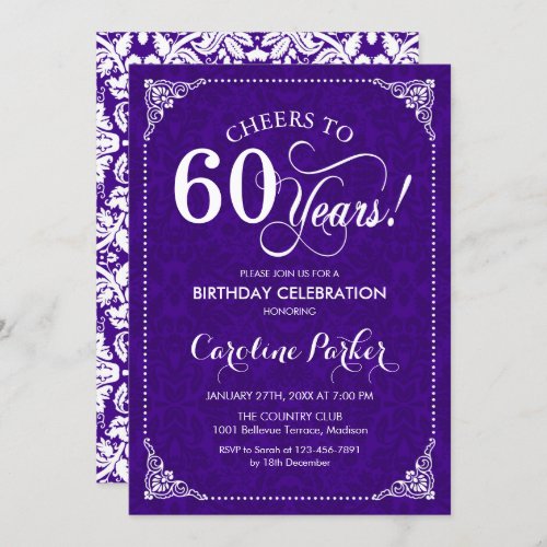 60th Birthday _ Purple White Damask Invitation