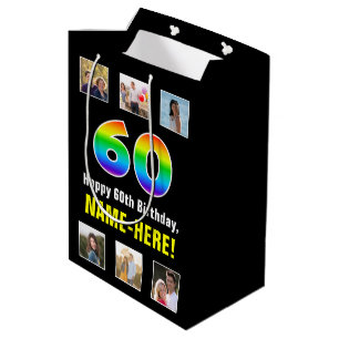 60th Birthday: Rainbow “60“, Custom Photos & Name Medium Gift Bag