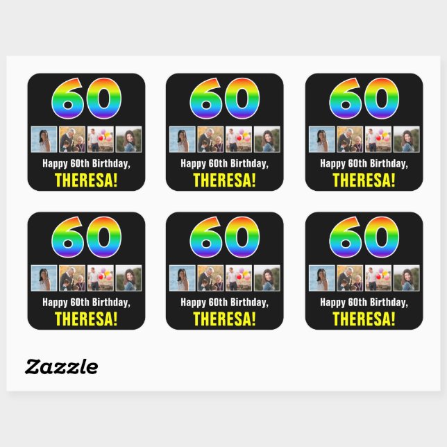 60th Birthday: Rainbow “60”; Custom Photos & Name Square Sticker (Sheet)