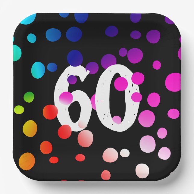 60th Birthday Rainbow Dots on Black Paper Plates (Front)