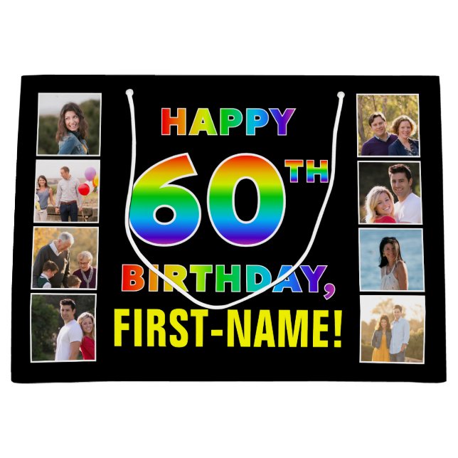 60th Birthday: Rainbow Text, Custom Photos & Name Large Gift Bag (Front)