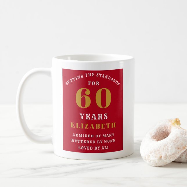 60th Birthday Red And Gold Add Your Name Coffee Mug (With Donut)