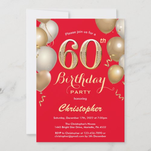 60th Birthday Red and Gold Balloons Confetti Invitation