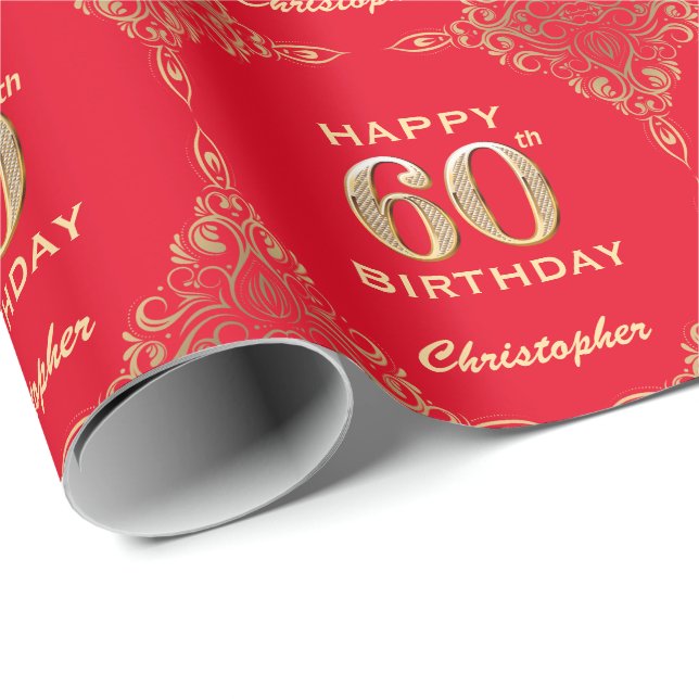 60th Birthday Red and Gold Glitter Frame Wrapping Paper (Roll Corner)