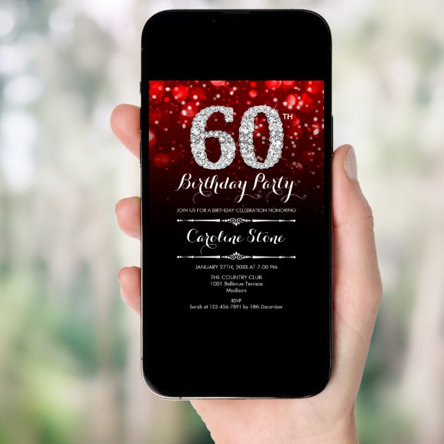 60th Birthday - Red Black Silver Invitation (Front Digital)