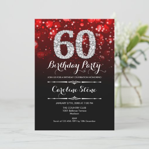 60th Birthday - Red Black Silver Invitation | Zazzle